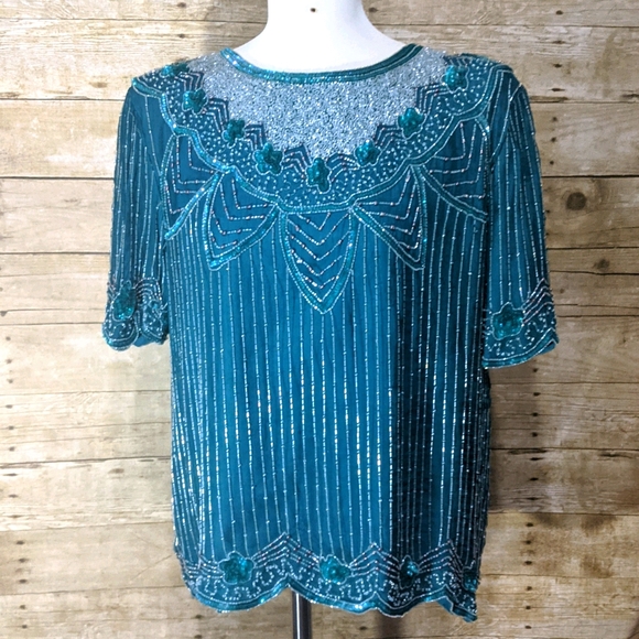Vintage Stenay Teal Beaded Blouse - Picture 1 of 14
